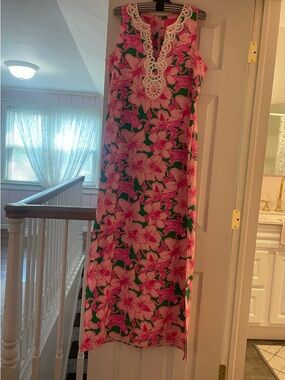 Lilly Pulitzer Pink and Green Floral Dress with Pearl Trim